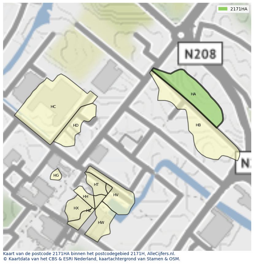Afbeelding van het postcodegebied 2171 HA op de kaart.