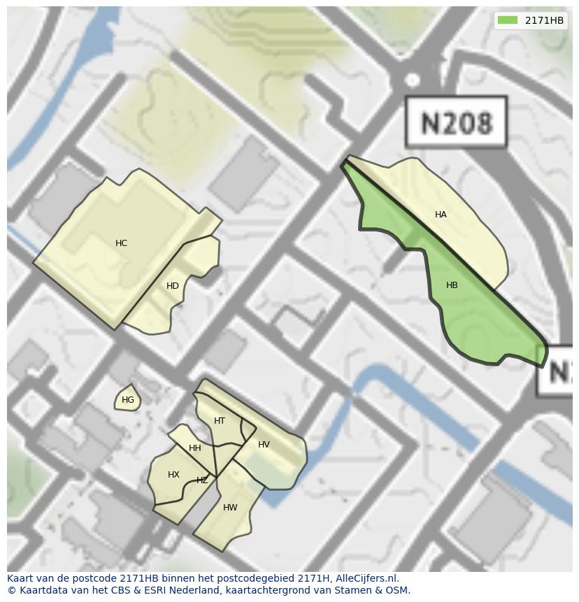 Afbeelding van het postcodegebied 2171 HB op de kaart.