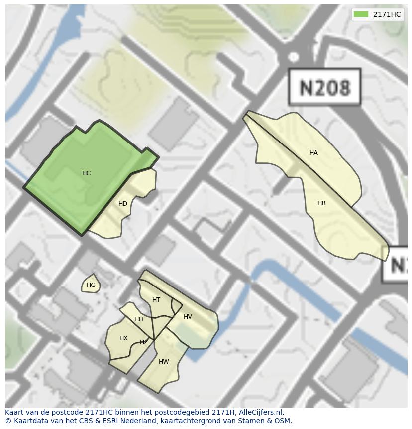 Afbeelding van het postcodegebied 2171 HC op de kaart.