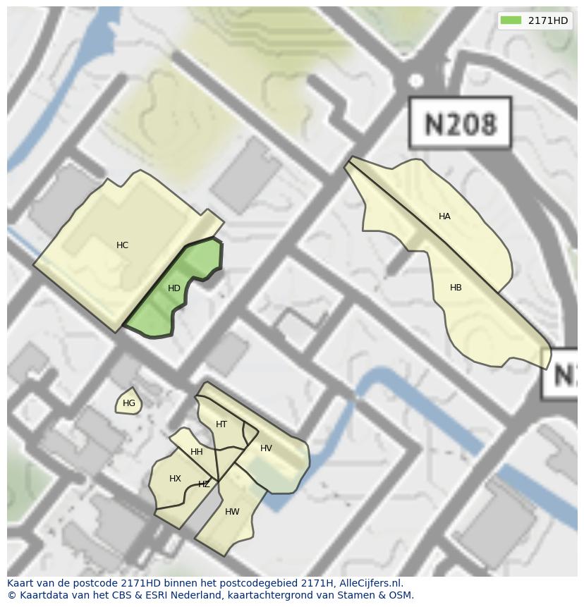 Afbeelding van het postcodegebied 2171 HD op de kaart.