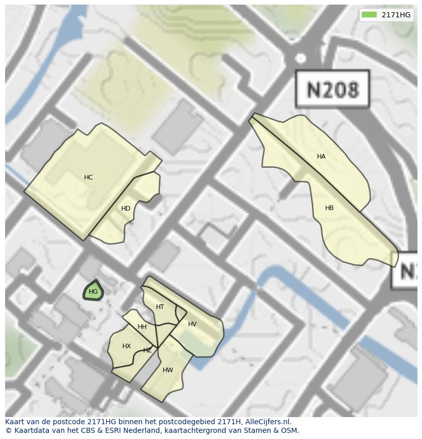 Afbeelding van het postcodegebied 2171 HG op de kaart.
