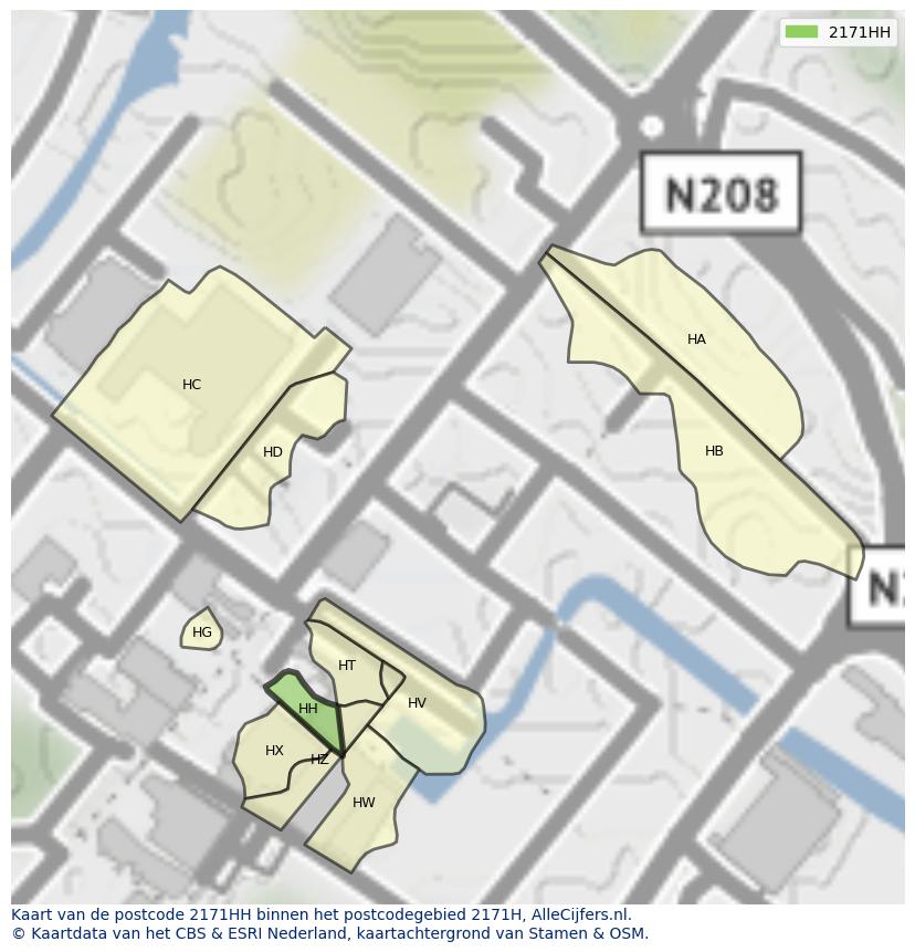 Afbeelding van het postcodegebied 2171 HH op de kaart.
