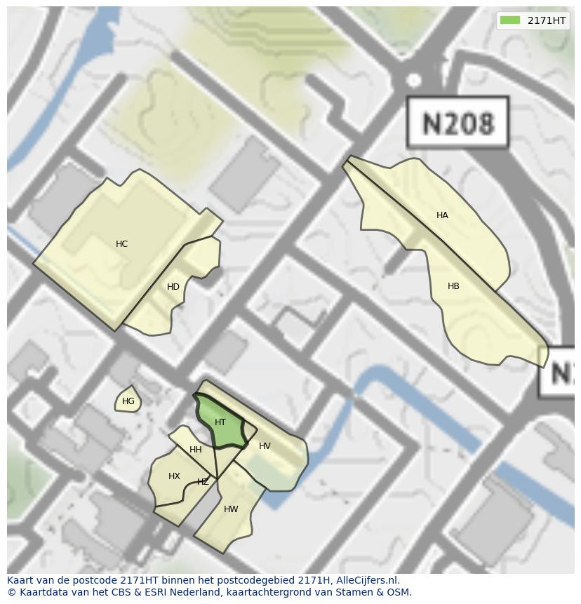 Afbeelding van het postcodegebied 2171 HT op de kaart.