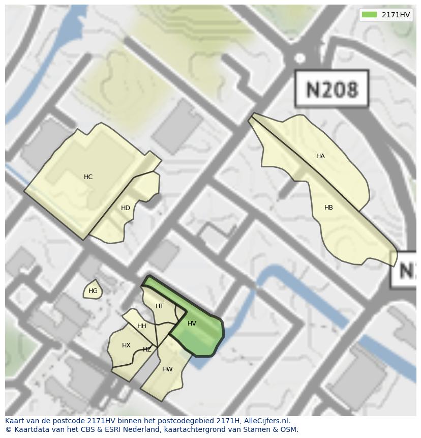 Afbeelding van het postcodegebied 2171 HV op de kaart.