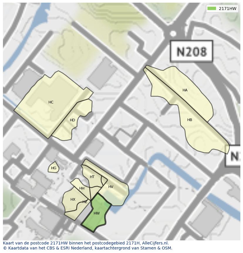 Afbeelding van het postcodegebied 2171 HW op de kaart.