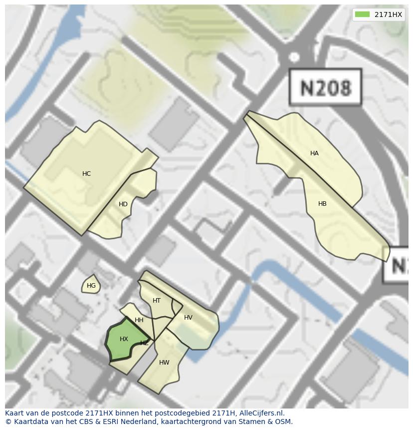 Afbeelding van het postcodegebied 2171 HX op de kaart.