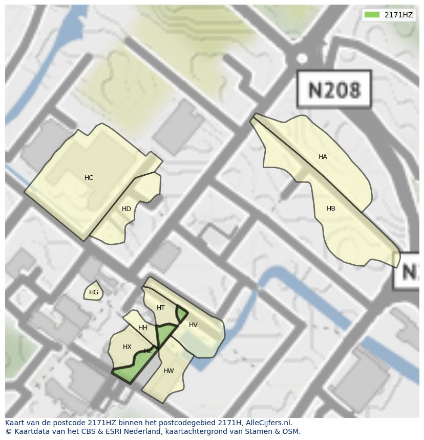 Afbeelding van het postcodegebied 2171 HZ op de kaart.