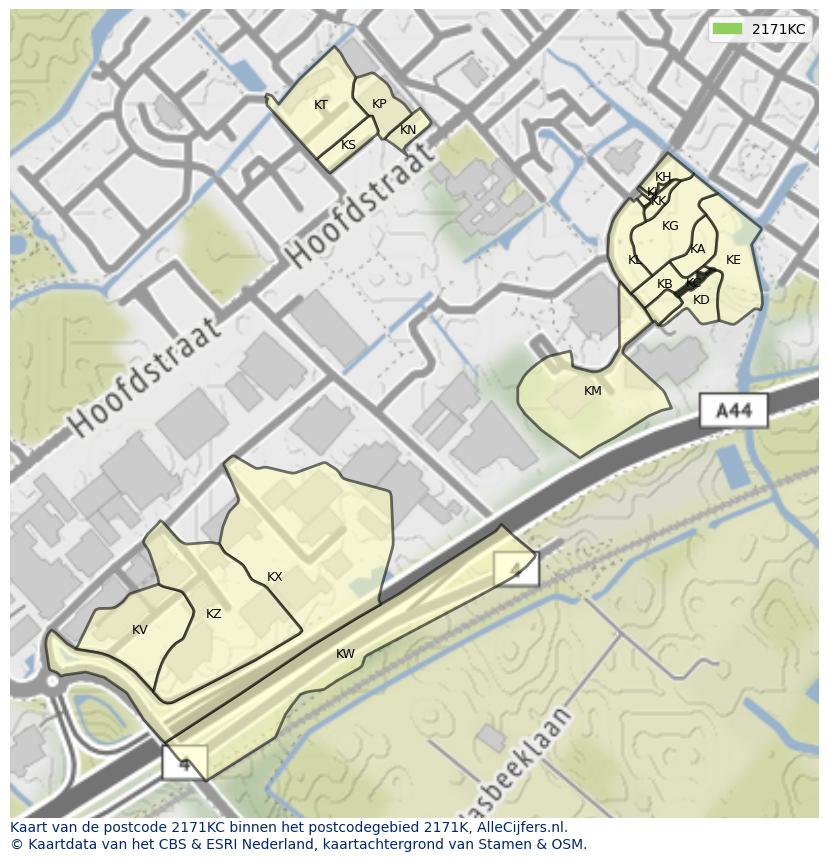 Afbeelding van het postcodegebied 2171 KC op de kaart.