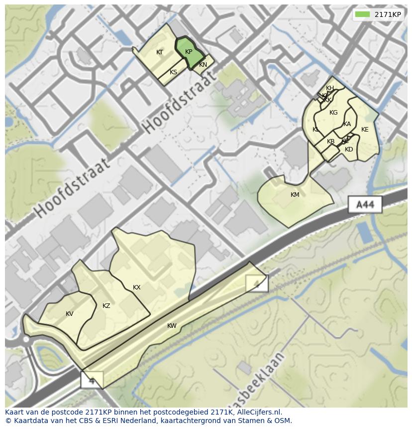 Afbeelding van het postcodegebied 2171 KP op de kaart.