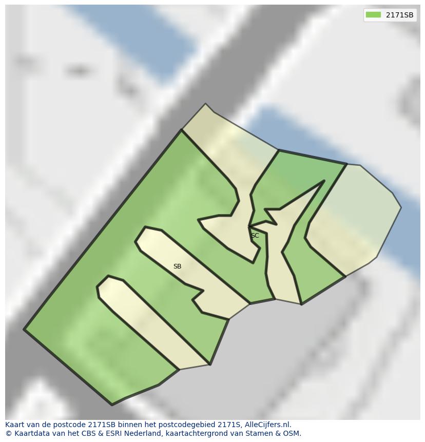 Afbeelding van het postcodegebied 2171 SB op de kaart.