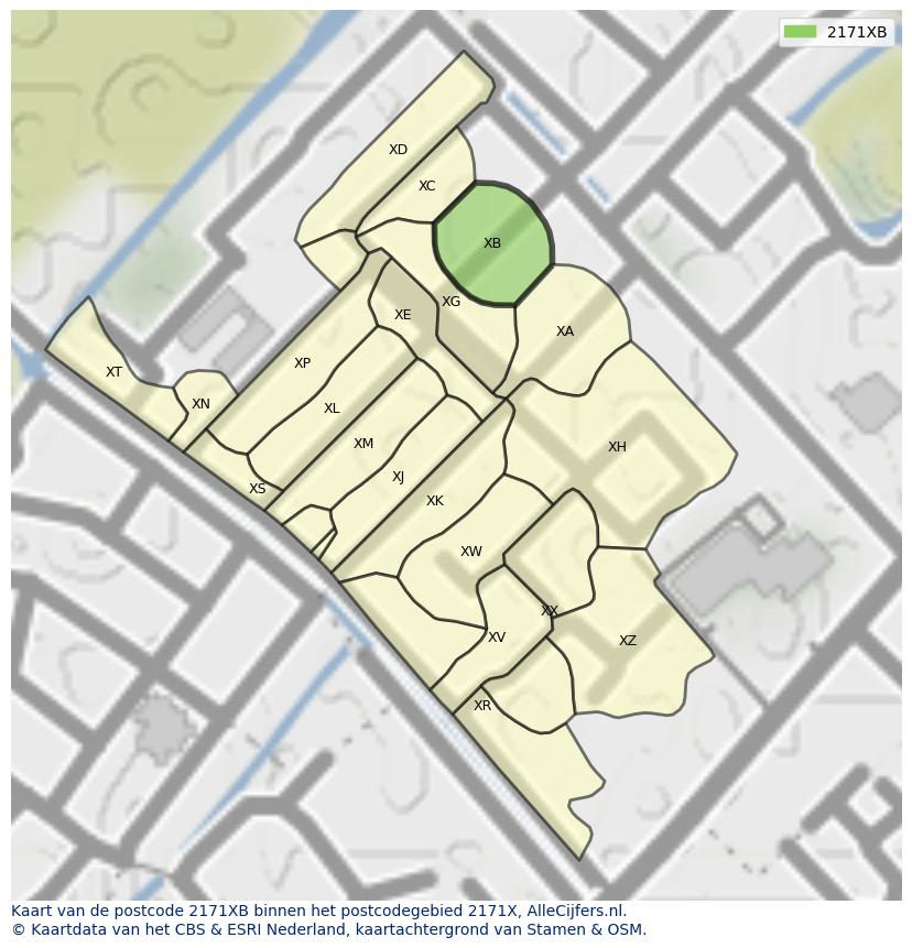 Afbeelding van het postcodegebied 2171 XB op de kaart.