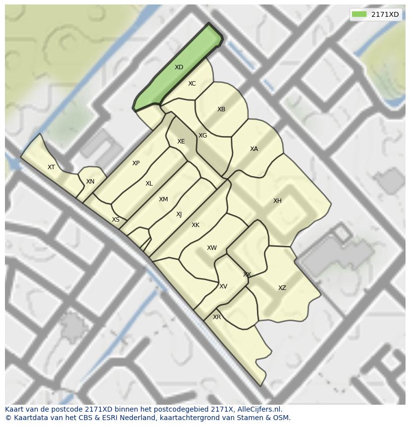 Afbeelding van het postcodegebied 2171 XD op de kaart.