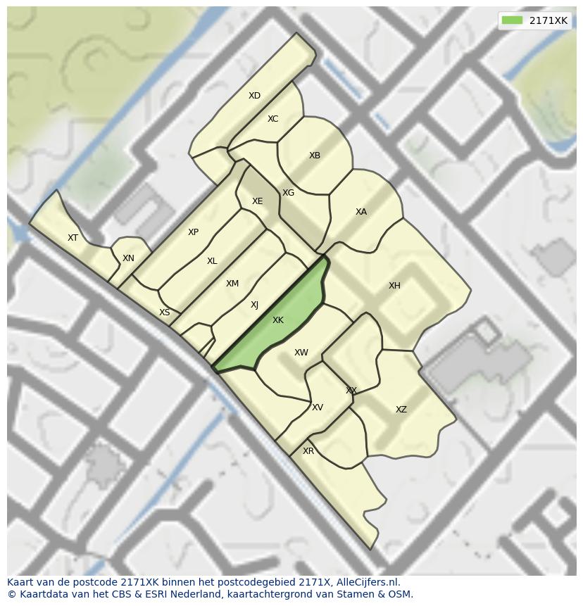 Afbeelding van het postcodegebied 2171 XK op de kaart.