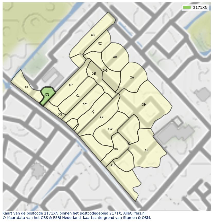 Afbeelding van het postcodegebied 2171 XN op de kaart.