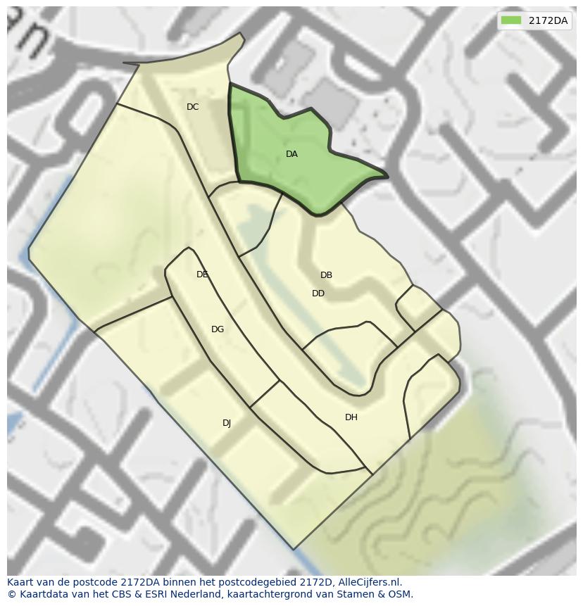 Afbeelding van het postcodegebied 2172 DA op de kaart.