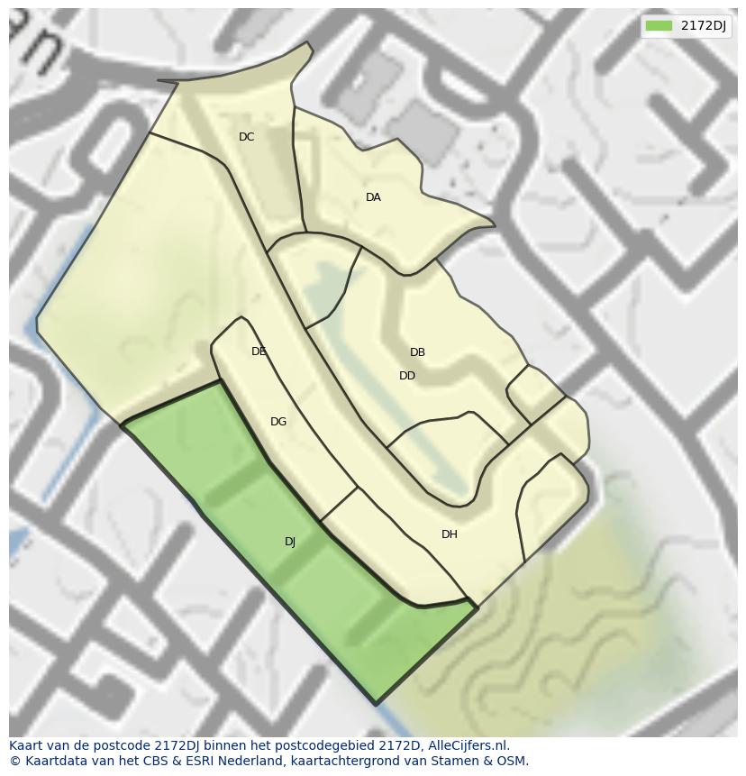Afbeelding van het postcodegebied 2172 DJ op de kaart.