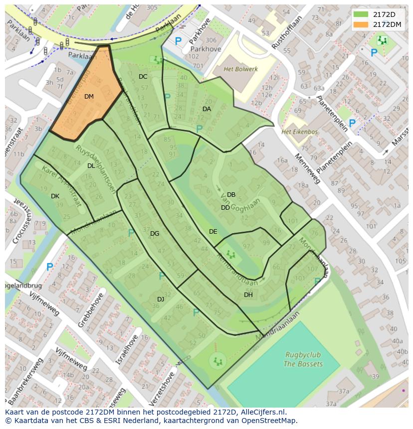 Afbeelding van het postcodegebied 2172 DM op de kaart.