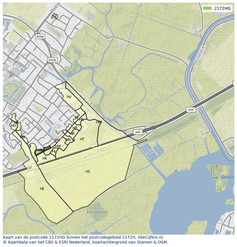 Afbeelding van het postcodegebied 2172 HG op de kaart.