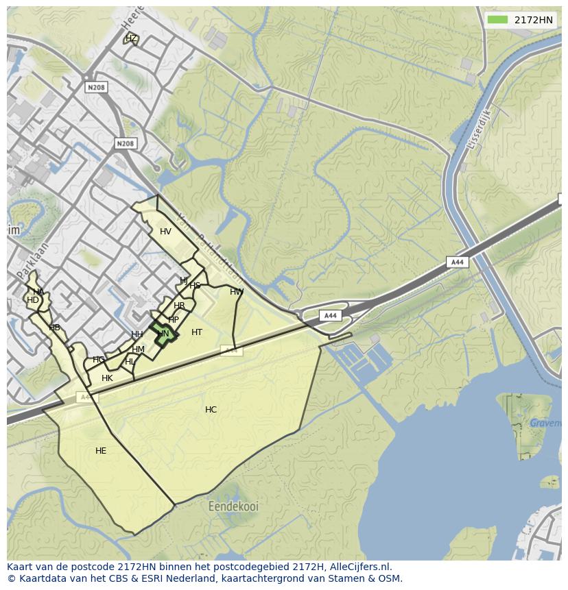 Afbeelding van het postcodegebied 2172 HN op de kaart.