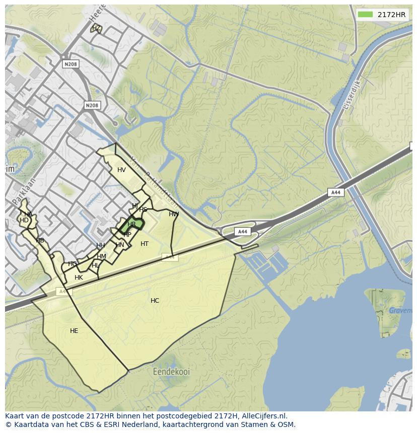 Afbeelding van het postcodegebied 2172 HR op de kaart.