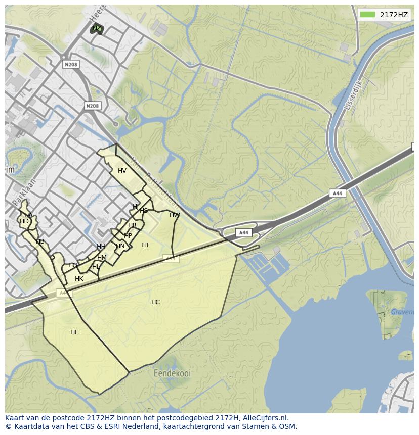Afbeelding van het postcodegebied 2172 HZ op de kaart.