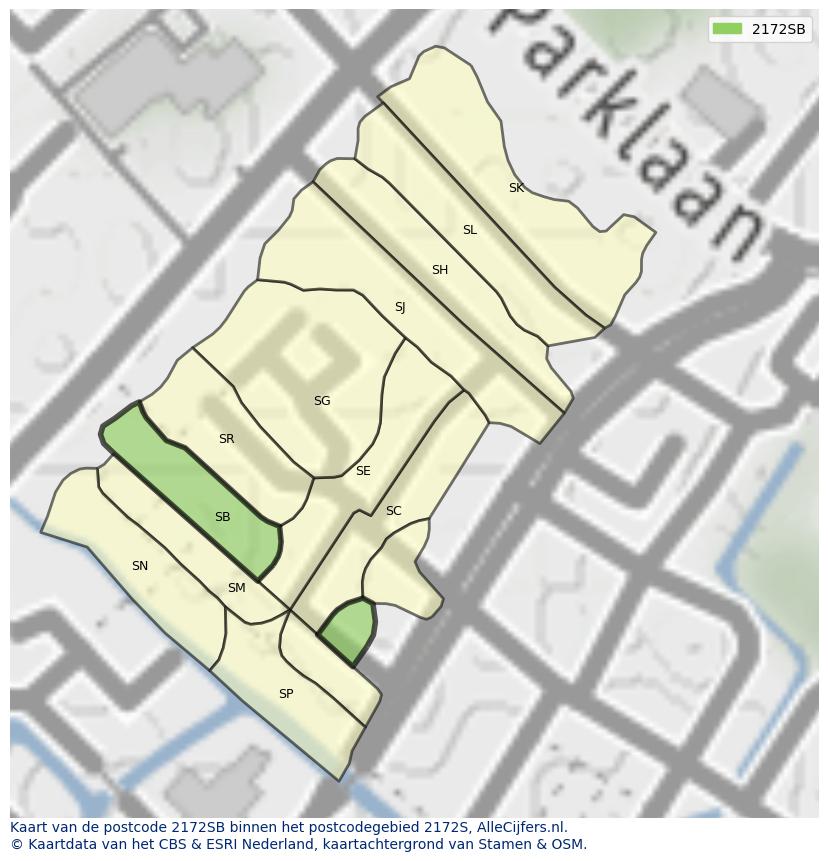 Afbeelding van het postcodegebied 2172 SB op de kaart.