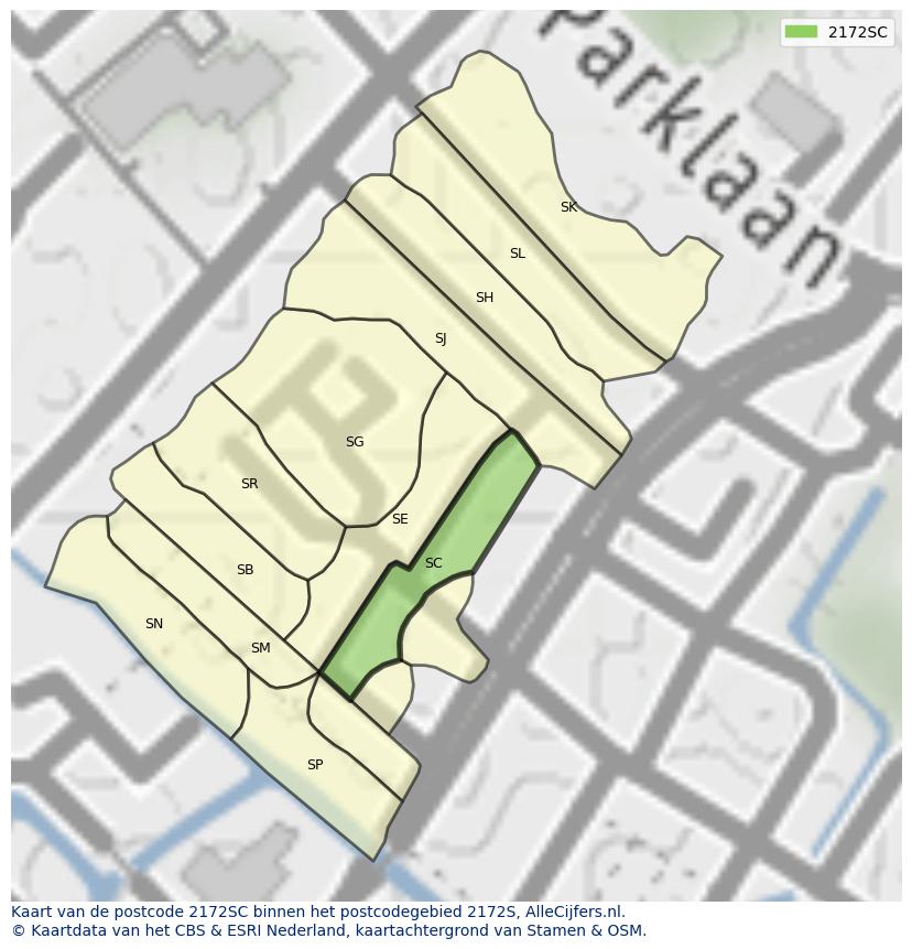 Afbeelding van het postcodegebied 2172 SC op de kaart.
