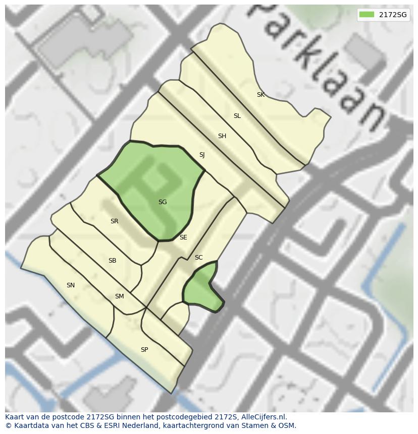 Afbeelding van het postcodegebied 2172 SG op de kaart.