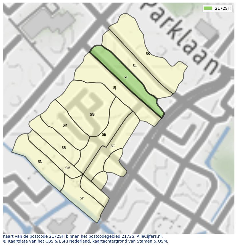 Afbeelding van het postcodegebied 2172 SH op de kaart.