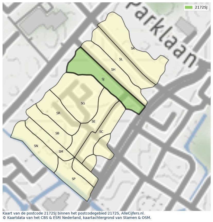 Afbeelding van het postcodegebied 2172 SJ op de kaart.