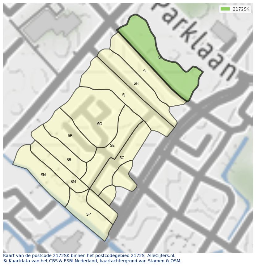 Afbeelding van het postcodegebied 2172 SK op de kaart.