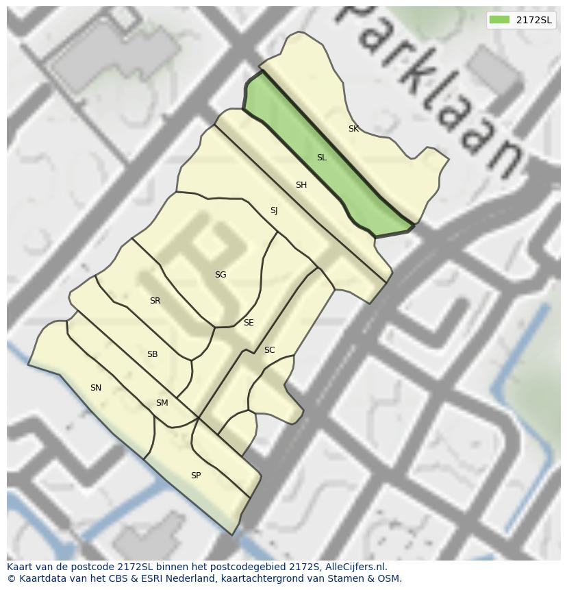 Afbeelding van het postcodegebied 2172 SL op de kaart.