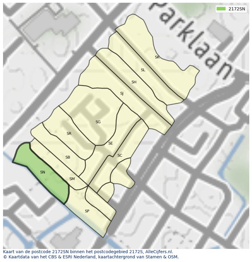 Afbeelding van het postcodegebied 2172 SN op de kaart.