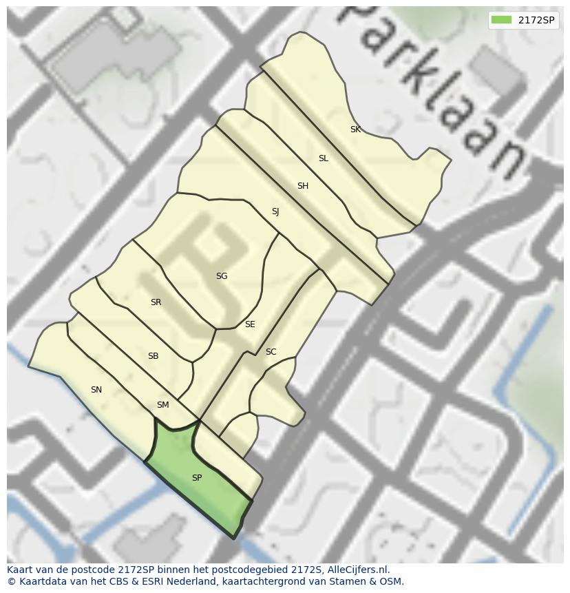 Afbeelding van het postcodegebied 2172 SP op de kaart.
