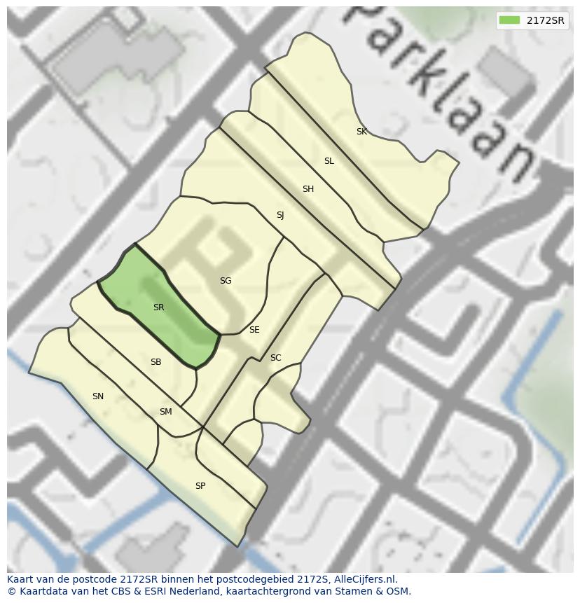 Afbeelding van het postcodegebied 2172 SR op de kaart.