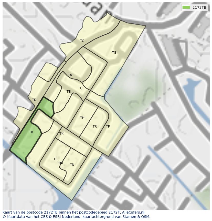 Afbeelding van het postcodegebied 2172 TB op de kaart.