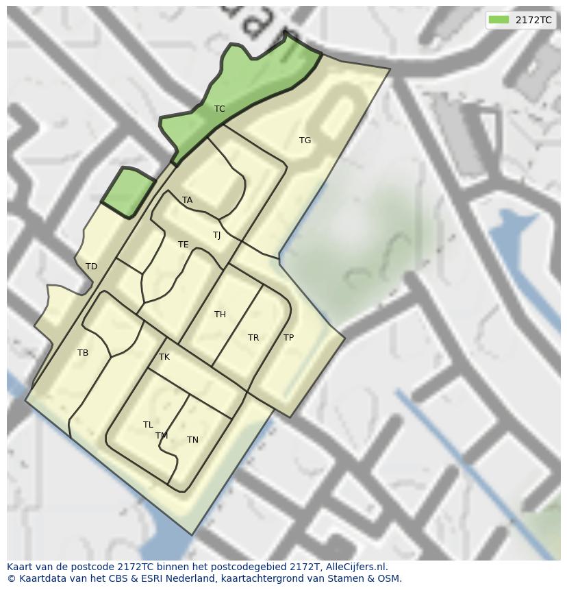Afbeelding van het postcodegebied 2172 TC op de kaart.