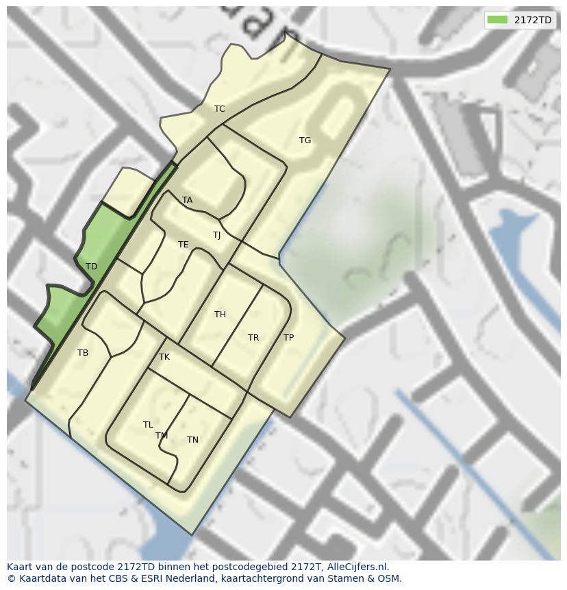 Afbeelding van het postcodegebied 2172 TD op de kaart.