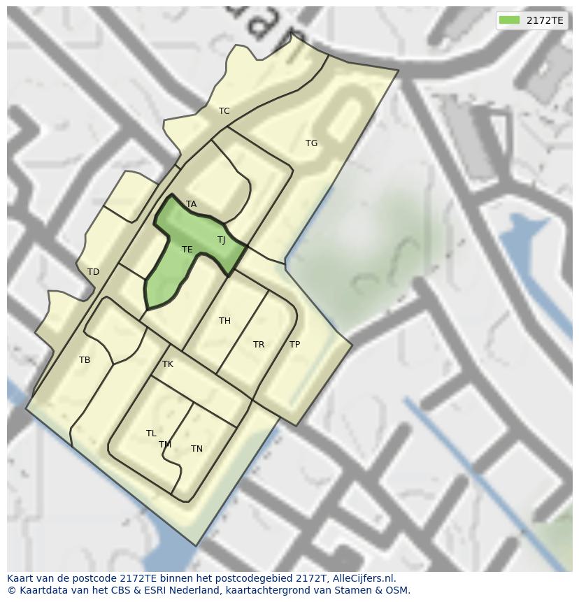 Afbeelding van het postcodegebied 2172 TE op de kaart.
