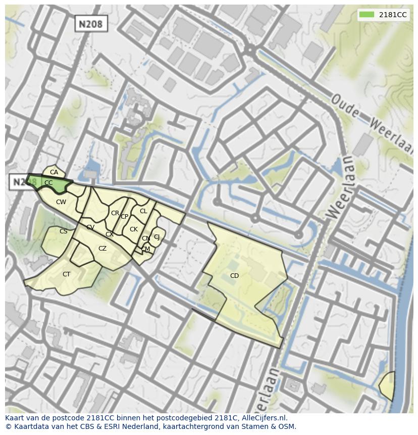 Afbeelding van het postcodegebied 2181 CC op de kaart.