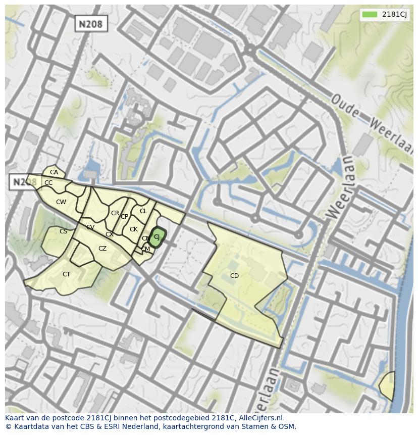 Afbeelding van het postcodegebied 2181 CJ op de kaart.