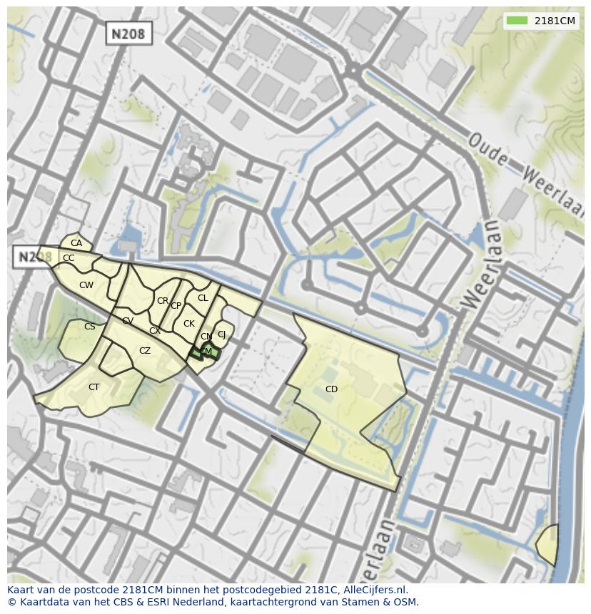 Afbeelding van het postcodegebied 2181 CM op de kaart.