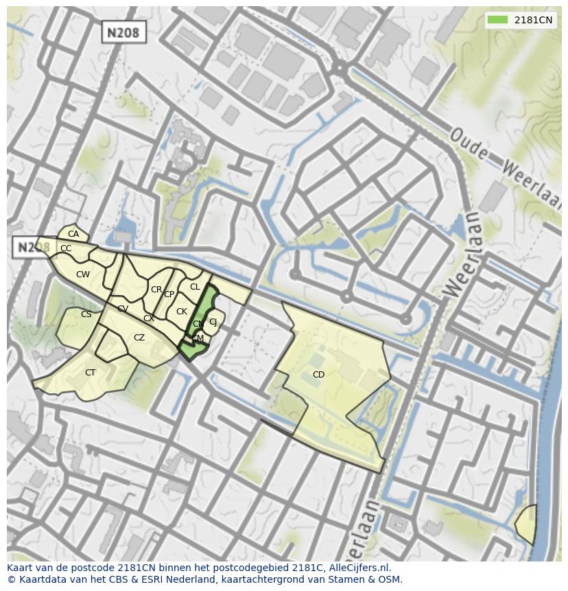 Afbeelding van het postcodegebied 2181 CN op de kaart.