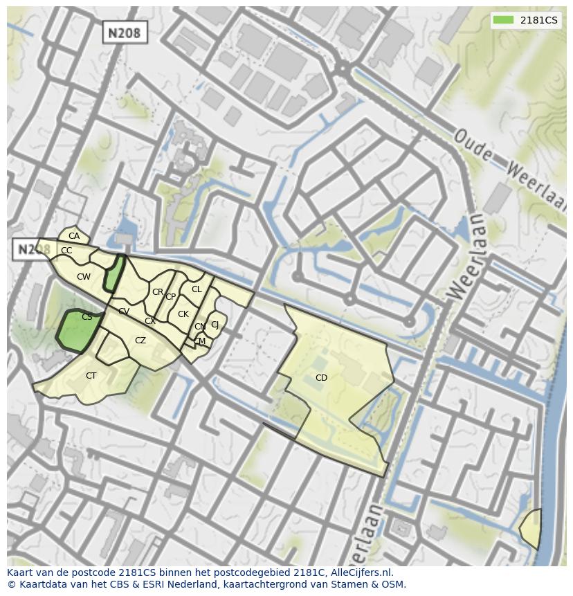 Afbeelding van het postcodegebied 2181 CS op de kaart.