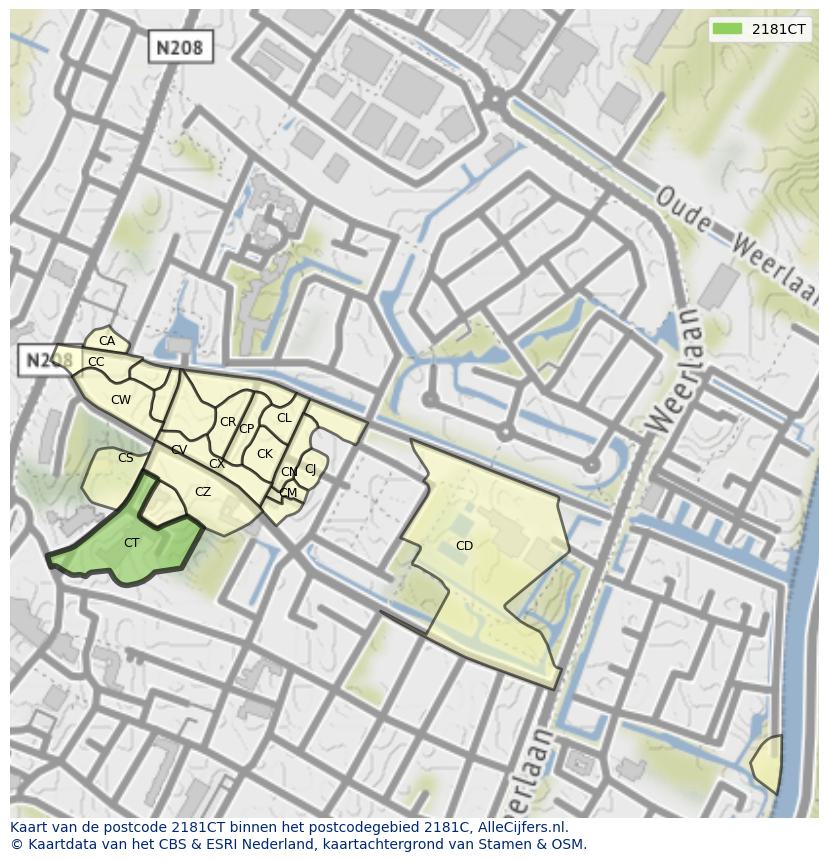 Afbeelding van het postcodegebied 2181 CT op de kaart.