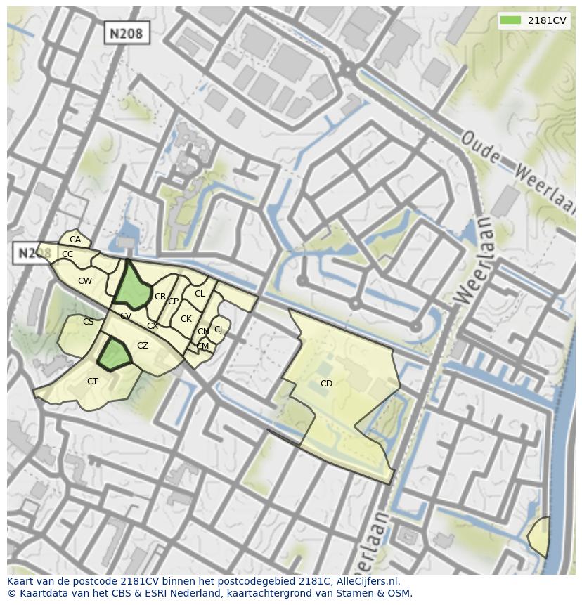 Afbeelding van het postcodegebied 2181 CV op de kaart.