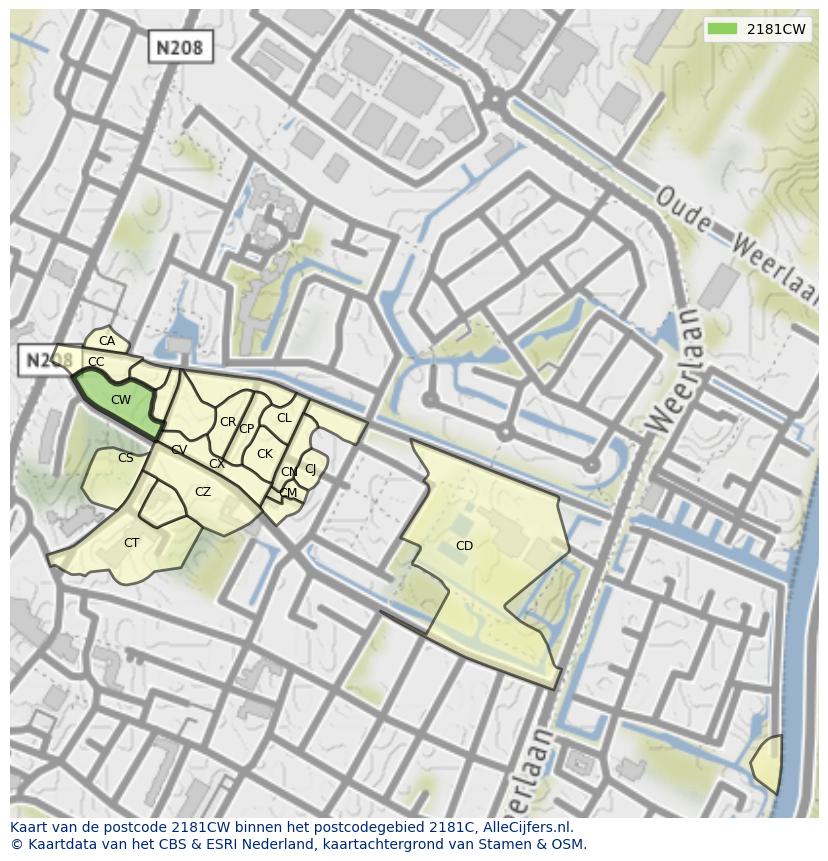 Afbeelding van het postcodegebied 2181 CW op de kaart.