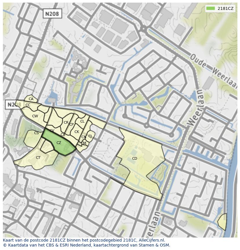 Afbeelding van het postcodegebied 2181 CZ op de kaart.