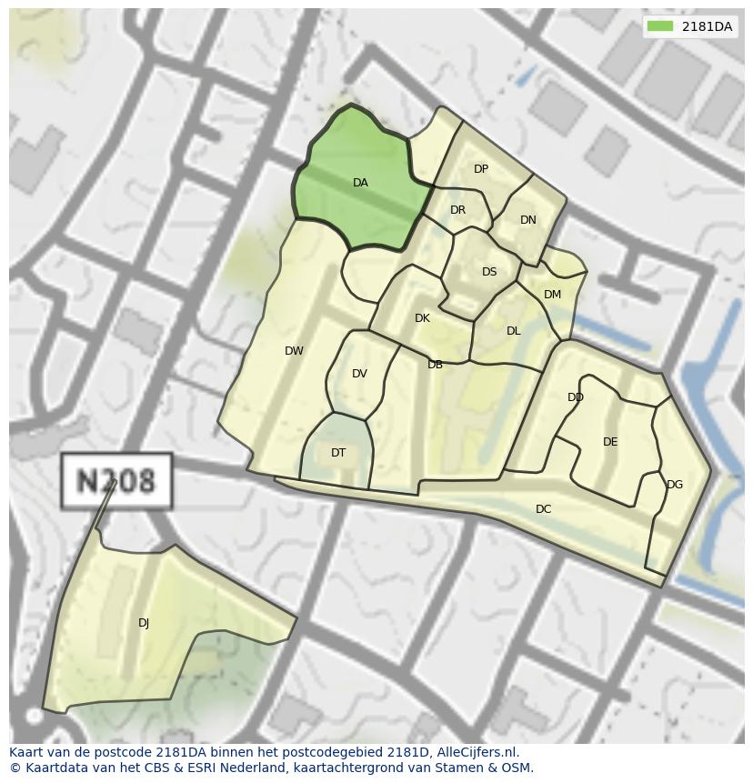 Afbeelding van het postcodegebied 2181 DA op de kaart.