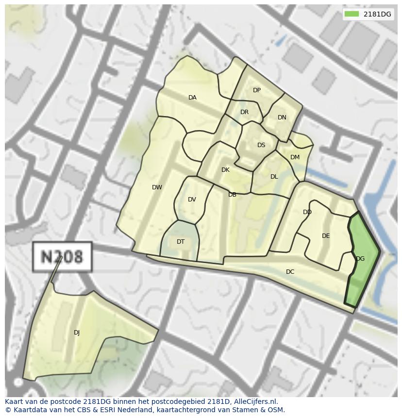 Afbeelding van het postcodegebied 2181 DG op de kaart.